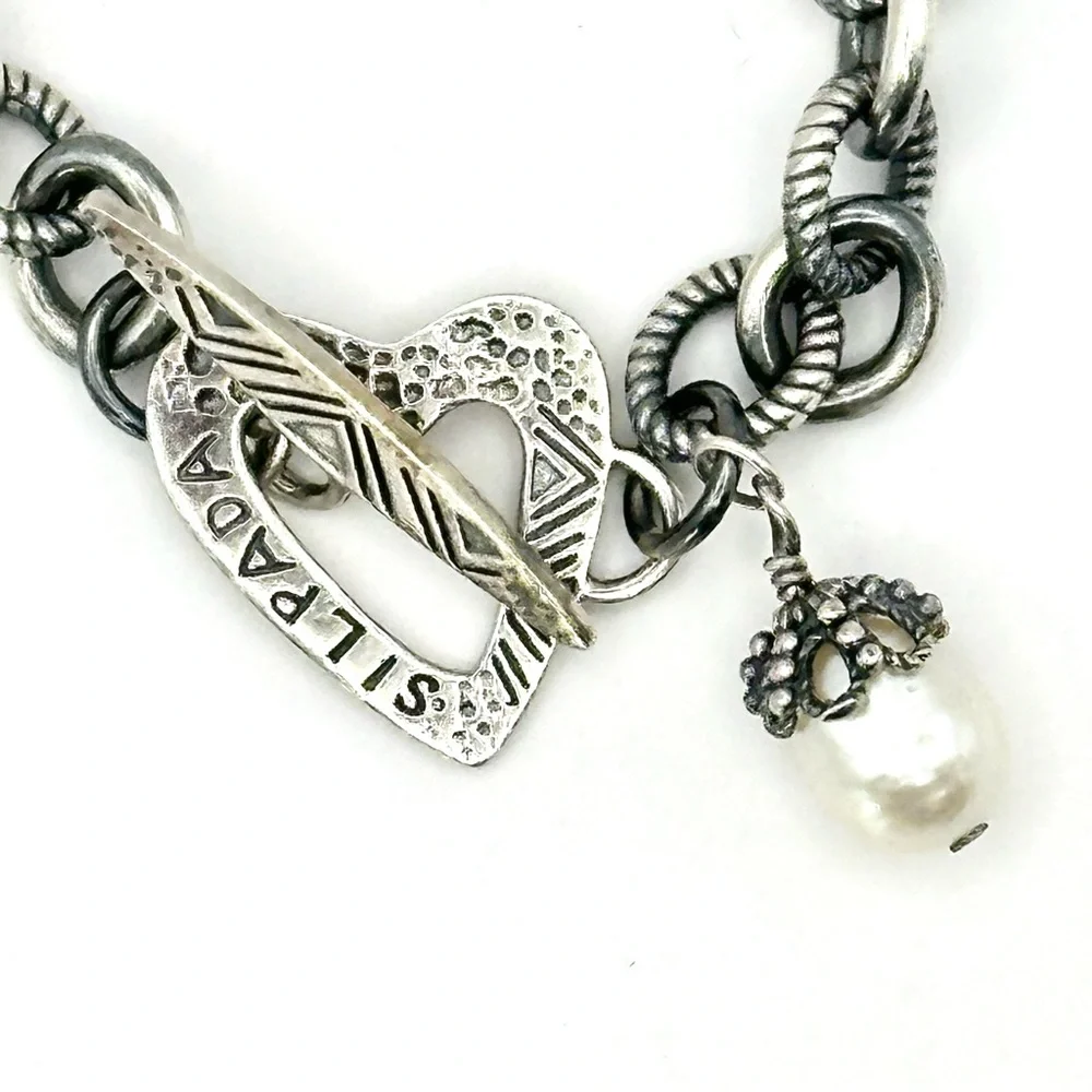 Silpada RETIRED B1241 Rare Pearl Silver Charm Bracelet w/ Heart Toggle